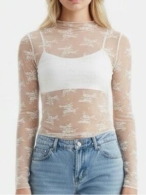 White Lace Long Sleeve Semi Sheer Top